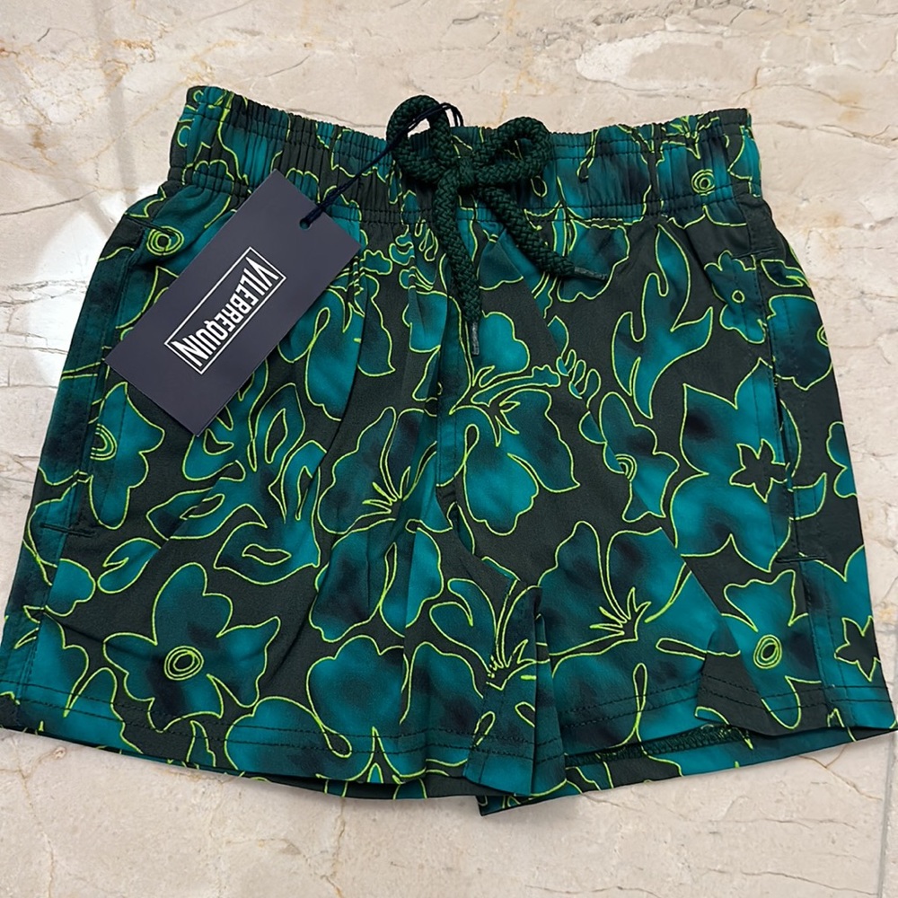 Vilebrequin NEW Green Yellow Hawaiian Flower Swim Trunks Size 2 Ans 2T NWT